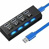 Retoo 4-Port Hub USB 3.0 mit Power Schalter und LED, Datenhub Aktiv zum Laden zur Datenübertragung, Mehrfach Ports Verteiler EIN/Aus-Schalter fur PC, Laptop, MacBook Air, Powerbank (4 3.0), Schwarz
