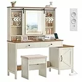 VASAGLE LIRY Kollektion - Schminktisch mit Spiegel und Beleuchtung, Frisiertisch im Landhausstil mit Hocker, Ladestation, 2 Schubladen, Schmuckaufbewahrung, vintageweiß-honigbraun RDT136W01