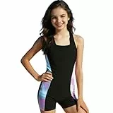 XINYUNZU Mädchen Badeanzug Einteiler mit Bein Schwimmanzug Bademode Slim Fit Swimsuits Girls Badebekleidung Ärmellos Mode Badeanzüge für Kinder Schwarz 11-12 Jahre