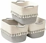 TeoKJ Regalkörbe, Baumwolle körbe Aufbewahrungskörbe mit Quasten, 38 * 26 * 22cm Körbe Aufbewahrung, 3er Aufbewahrungskorb Klein, Organizer Körbe für Badezimmer, kinderzimmer, Wohnzimmer,Weiß & Grau