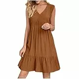 KOG Sommerkleider Sommerkleid Damen Basic Hawaii Kleid Einfarbig 2025 Bekleidung Outlet Blusenkleid Kurzarm Frau Blumenkleid Sommerkleidung Baumwolle Abendkleid Hochzeit Gutschein Braun M