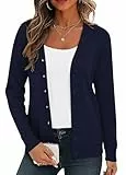 BEIGAI Damen Leichte Strickjacke Langarm Strickpullover mit V-Ausschnitt Vintage Klassische Strickjacke mit Knopf,Marineblau,M