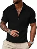 UOUA Herren Kurzarm Polo mit Viertelreißverschluss Geometrische Struktur lässige Vintage-Optik Sommer Golf Top Schwarz 2XL