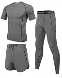 Wayleb Herren Fitness Kleidung Männer Workout Bekleidung Outfit Sportbekleidung 3 Teiliges Kompression Set Trainingsanzug Atmungsaktiv Kompressions Shirts für Herren