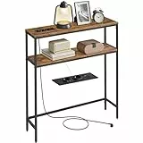 VASAGLE Konsolentisch, schmaler Sofatisch mit 2 Ablagen, 20 x 80 x 80 cm, Flurtisch mit Ladestation, für Wohnzimmer, Flur, Eingangsbereich, vintagebraun-tintenschwarz LNT135KD01