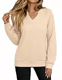 Aottori Sweatshirt Damen Langarmshirt Baumwoll V-Ausschnitt Pullover Elegant Langarm Oversize Oberteile Basic Herbst Winter Festlicher T-Shirt Einfarbig Beige M