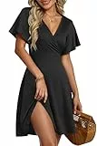 AUSELILY Damen Kleid Sommer Strandkleid Rüschenärmeln V-Ausschnitt Elastischer Taille und Taschen Swing Urlaubskleid Schwarz M