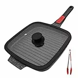 RANX INGST Grillpfanne Induktion mit Abnehmbarer Griff, 26 x 24 cm Steakpfanne mit Deckel Antihaft Beschichtet Aluminium Grill Pfanne, Alle Herdarten - Schwarz