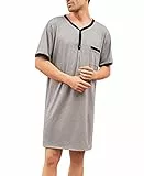 Enjoyoself Herren Nachthemd Kurzarm Rundhals Schlafanzugoberteil Weich Baumwolle Sleepshirt mit Knopfleiste Lufitg Schlafanzug ohne Hosengummi Grau,S