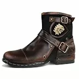 OSSTONE Herren Stiefel aus Rindsleder Lederstiefel mit Gummisohle Biker Boots mit Reißverschluss Männer Stiefeletten OS-5008-1-BP-R,Vintage Braun, US10.5(EU44.5)
