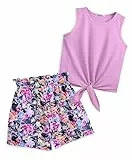 Arshiner Mädchen Tanktops mit Shorts Set Kinder Sommer Bekleidungssets Lässige Mode Ärmelloses T-Shirts Kleidung Anzug für Mädchen 9-10 Jahre Violette & Blume