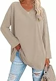 Ebifin Oversize Langarmshirt Damen Longshirt V-Ausschnitt Oberteil Langarm T Shirts Pullover Basic Tunika Tee Tops.Khaki.L