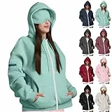 ZWDC Damen Kapuzenjacke mit Augenmaske Einfarbiger Hoodie Jacke Frauen Langarm Übergangsjacke mit Reißverschluss Kängurutasche und Ärmeltasche für Alltag Freizeit Zuhause