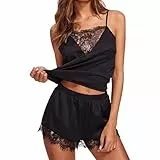 Generisch Schlafanzug Damen Kurz, Schlafanzug Damen Kurz Satin Set Ärmellos Sexy Zweiteiliger Pyjama V-Ausschnitt Spitze Nachtwäsche Mit Spaghettiträger Sommer Sleepwear S-3Xl, Schwarz L