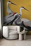 Komar Vlies Fototapete - Yellow Cranes - Größe 200 x 250 cm - Tapete, Wanddekoration, Wohnzimmer, Schlafzimmer, Büro