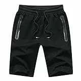 JustSun Kurze Hosen Herren Shorts Sommer Jogginghose Kurz Baumwolle Gym Sweat Sport Fitness Shorts Herren Reißverschluss Taschen Schwarz M