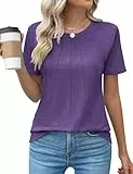 Cuptacc Tshirt Damen Sommer Rundhals Mit Falten Oberteil Kurzarm Causal Shirts Damen Elegant Einfarbig Top Lila Groß L 42-44