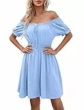KOJOOIN Damen Sommerkleider MiniKleid Swiss dot Kurzarm Kleid Puffärmel mit Rüsche trägerlos Kleider Tupfen Freizeit Sommer Strand Hellblau S
