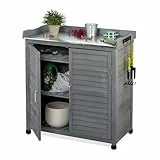 Relaxdays Pflanztisch mit Unterschrank, 3 Haken, Holz, Zinn Arbeitsplatte, HxBxT: 92 x 90 x 45 cm, Gartenschrank, grau