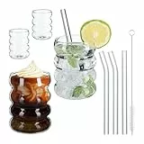 Relaxdays Trinkgläser 4er Set, Wassergläser, gewellt, spülmaschinenfest, Strohhalme, für Eiskaffee, 350 ml, transparent