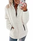 Pullover Damen Fleecepullover Teddyjacke Teddy Flauschiger Teddyfleece Jacke Kuschelpullover Winterjacke Fleecejacke Plüschjacke Kuscheljacke Kapuzenpullover Winter Mit Taschen Top (A Weiß, M)