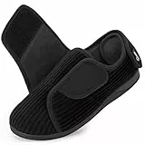 HomeTop Damen Geschlossene Ferse Diabetiker Hausschuhe Kord Verstellbar Weite Passform Haken und Schleife Memoryschaum Pantoffeln Mattes Schwarz, 38 EU