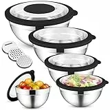 HaWare Rührschüssel 5er Set, Edelstahl Schüssel Salatschüssel Set mit Transparenten Luftdichten Deckeln & 3 Reibenaufsätzen zum Kochen Backen, 4,5L/2,8L/1,5L/1,2L/0,7L, Spülmaschinenfest, Schwarz