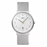 Braun Mens 3-Hand with Date Analogue Quartz Watch, White Dial and Steel Milanese Mesh Strap, 40mm Stainless Steel Case, Model BN0032WHSLMHG.