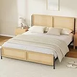 Thaookte Bettrahmen Metallbett Gästebett Bettgestell Aus Metall Mit Rattan-Kopf- Und Fußteil, Stabile Konstruktion, Leiser Und Einfacher Aufbau, Großer Stauraum, Ohne Boxspring, Naturholzfarbe