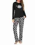 Demegimi Schlafanzug Damen Lang Pyjama Baumwolle Rundhals Eule Eulen Nachtwäsche Winter Schlafanzüge