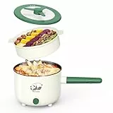 Elektrischer Hot Pot mit Dampfgarer, Multifunktionaler tragbare antihaftbeschichtete Bratpfanne mit Dual-Power-Steuerung,elektrischer Shabu-Shabu-Kocher für,Haferflocken,Nudeln,Ramen, 1,5l (Grün C)