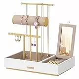 SONGMICS Schmuckständer, Schmuckhalter, Ohrringhalter Metall, Schmucktablett mit Spiegel, Schmuckaufbewahrung für Halsketten Armbänder Ohrringe Ringe, Geschenkidee, weiß-goldfarben JJS022W01