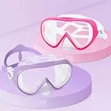 Kinder Taucherbrille 180° Panorama Kind Schnorchelmaske, Anti Nebel Tauchmaske gehärtetes Glas Schwimmmaske Junge Silikon Tauchermaske Mädchen Schwimmbrille mit Nasenabdeckung 4-16 (Rosa+Lila 2pcs)