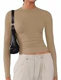 Langarmshirt Damen Tshirts Rundhals Elegant Langarm Oberteile Basic Eng Y2k Tee Tops Einfarbig Shirts Khaki M
