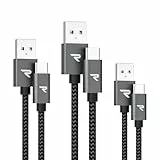 RAMPOW USB C Kabel, [3Pack 0.2M+1M+2M] iPhone 15 Ladekabel 3A, Typ C Schnellladekabel QC 3.0 für iPhone 15/15 Pro, Samsung Galaxy S22/S21/S20/Note10 - Grau, Nylon