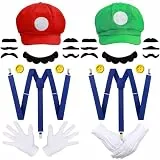 iZoeL Rote und Grüne Hüte Kappen Schnurrbärte Handschuhe Knöpfe Hosenträger Cosplay Kostüm Accessorie für Faschingkostüme Damen Herren Halloween Outfits Karneval Kostüm
