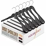 HOUSEDAY Kleiderbügel Holz 6 Stück, Holzbügel Breite Schulterauflage, 360°Drehbarer Haken rutschfest Anzugbügel mit Runde Stange für Anzüge, Hemden, Mäntel, Jacken, Hosen, Pullover（Schwarz）