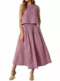Tankaneo Damen 2-teiliges Rock-Set, Sommer, gestreift, ärmellos, Tank-Tops, Midi-Kleid, Reisen, Urlaub, Outfits, passende Sets, Rot und Blau, Mittel