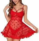 IDOPIP Dessous Damen Sexy Reizwäsche Spitze Negligee V-Ausschnitt Bodysuit Weihnachts Festival Unterwäsche Christmas Kostüm Nachtwäsche mit G-String Pyjama Cosplay Outfit Tüll Nachtkleid rot-1 XL