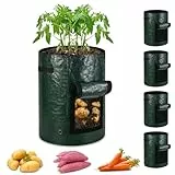 ECCOGREAT 5 X 27L Pflanzsack aus PE Material,160g/m²Tomaten Kübel Pflanzkübel mit Fenster und Starken Griffen für Kartoffeln,Tomaten,Erdbeeren,Blumen,Pflanzen und Gemüse auf dem Balkon oder im Garten