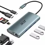 acer USB C Hub Docking Station, 9IN1 USB C zu 4K HDMI, 3xUSB 3.0 5Gbps, 1Gbps Ethernet, 100W PD, VGA, SD Katenleser, Aluminium Multiport Adapter für iPhone 15/16 Serie,MacBook/iPad Pro/Air,S24,Surface