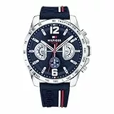 Tommy Hilfiger Herren 46mm Analoge Multifunktions-Quarz-Uhr - Marineblaues Zifferblatt und Marineblaues Silikonarmband, 3 Hilfszifferblätter, Wasserdicht bis 5ATM - 1791476
