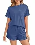 Namatime Schlafanzug Damen Kurz Baumwoll Pyjama Zweiteiliger Shorty Nachtwäsche Kurzarm Oberteil und Shorts mit Taschen für Sommer Navyblau S