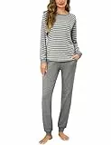 Litherday Schlafanzug Damen Lang Baumwolle Pyjama Set Nachtwäsche Winter Zweiteiliger Gestreift Sleepwear und Pyjamahose mit Tasche
