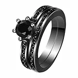 JewelryWe Ring Damen Edelstahl Solitärring: 2in1 Damen-Ring Schwarz Stapelringe mit Rundem Zirkonia Frauen Verlobungsring Ehering Versprechensring Bandring Hochzeit Band mit Gravur Größe 59