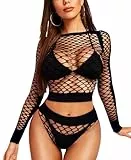 RSLOVE Dessous-Sets Nachtwäsche Fischnetz Lingerie - Damen Sexy Bodys Langarm Oufits für Frauen Schwarz Einheitsgröße