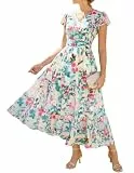 GRACE KARIN Damen Rüschenärmel V-Ausschnitt Midikleid A-Linie Blume Sommerkleid Mit Taschen Mehrfarbige Blumen XL