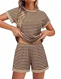 Ekouaer Damen Schlafanzug Kurz mit Streifen Kurzarm Pyjama Set Sommer Strukturstrick Hausanzug Loungewear mit Taschen Braun&Kaffee M