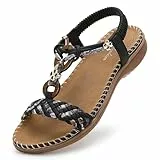 Littleplum Sandalen Damen Freizeit Flach Sandalette Handarbeit mit Strass Perlen Bohemia Strand Schuhe,A Schwarz 42 EU