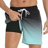 Badehose für Herren mit Kompression Mesh-Futter, 2 in 4 Schnelltrocknend Badeshorts Kurz, Verstellbar Tunnelzug Tasche Männer Schwimmhose Boardshorts für Strand Surf Sport XL Schwarz Grün Verlauf